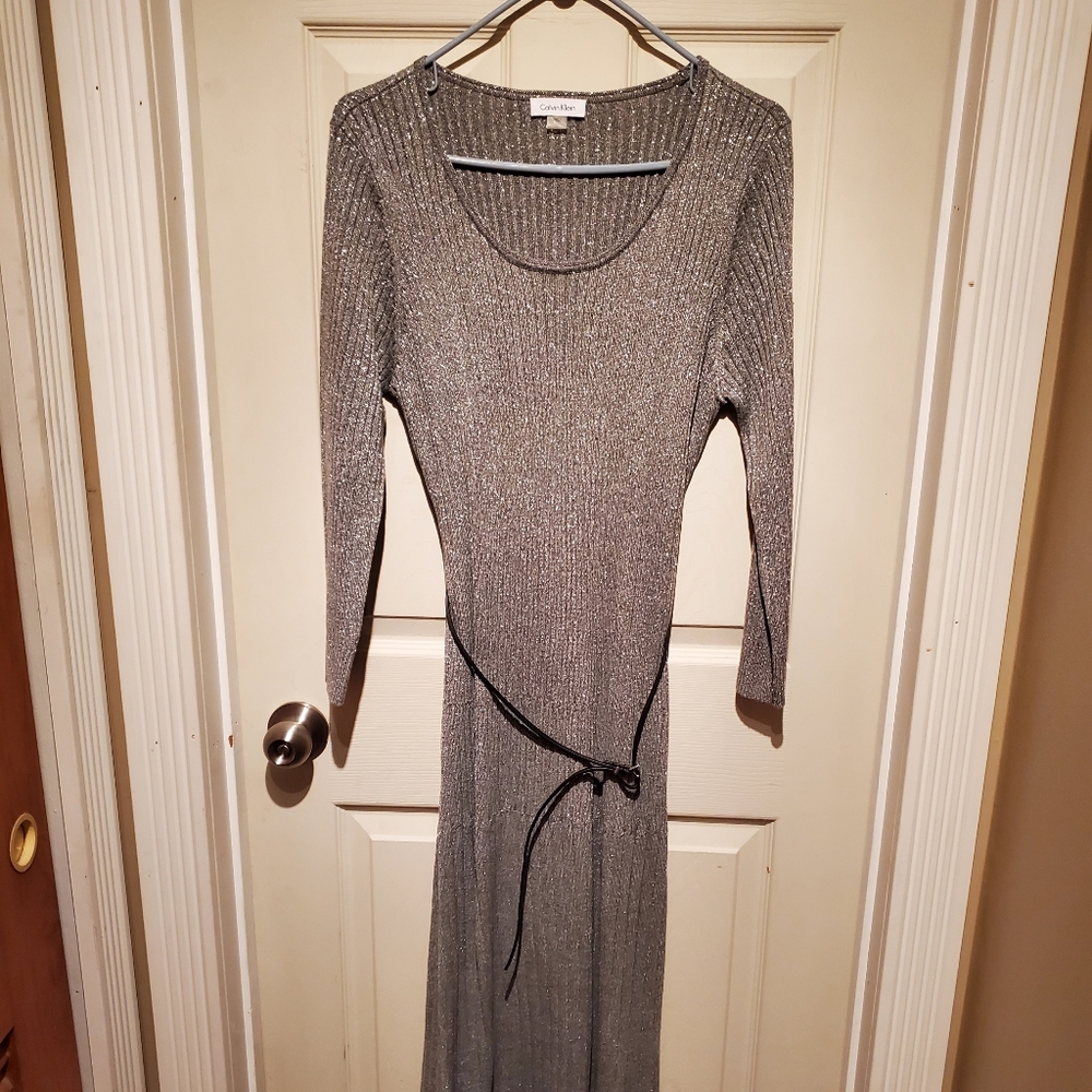 Calvin Klein Metallic Sweater Dress w/belt